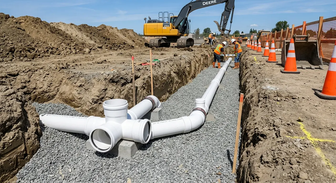 New PVC sewer pipe installation in open trench for Commercial Drain Cleaning in Woodlake