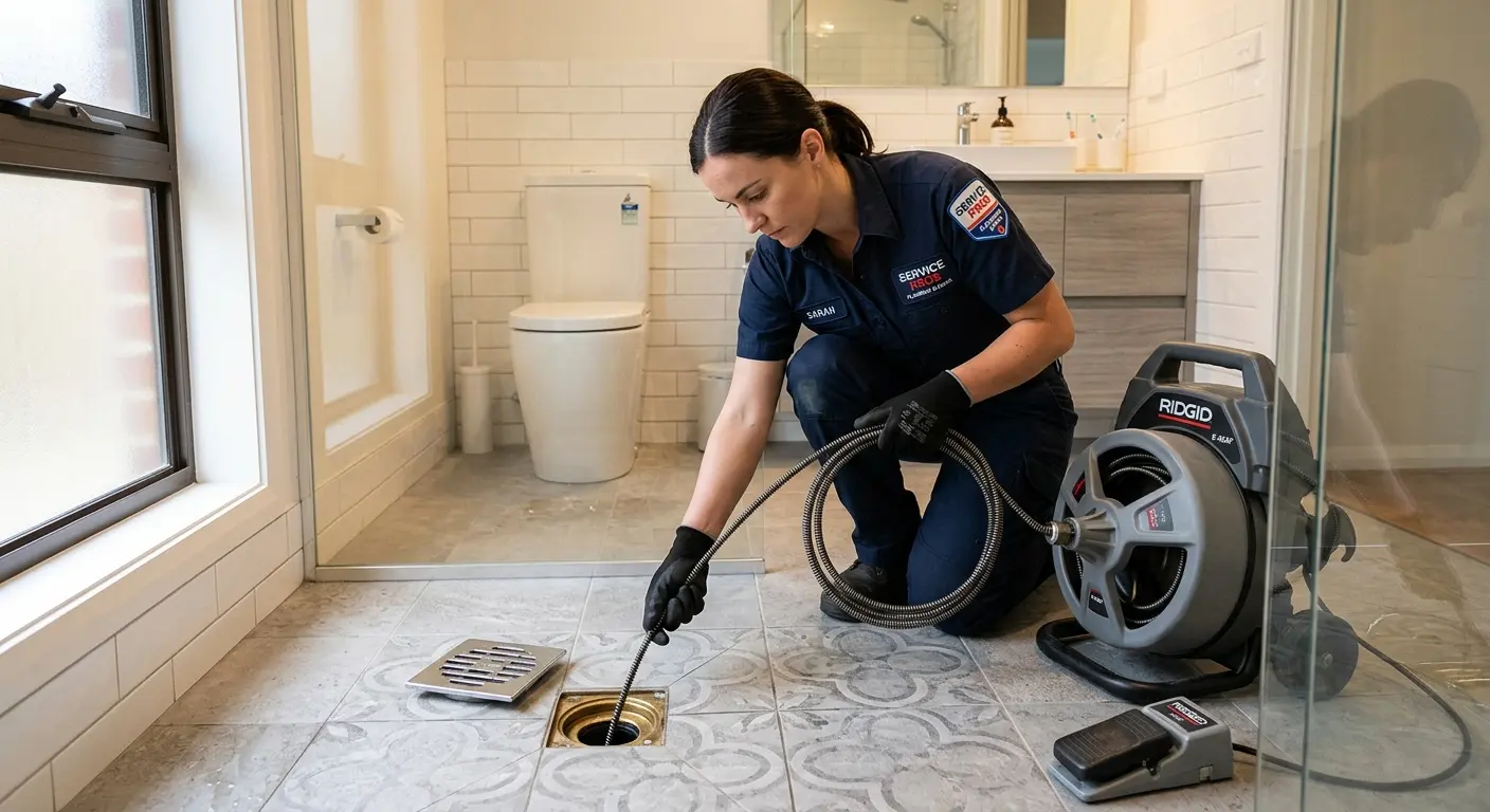 Technician clearing a bathroom floor drain for Clogged Drain Repair in Woodlake